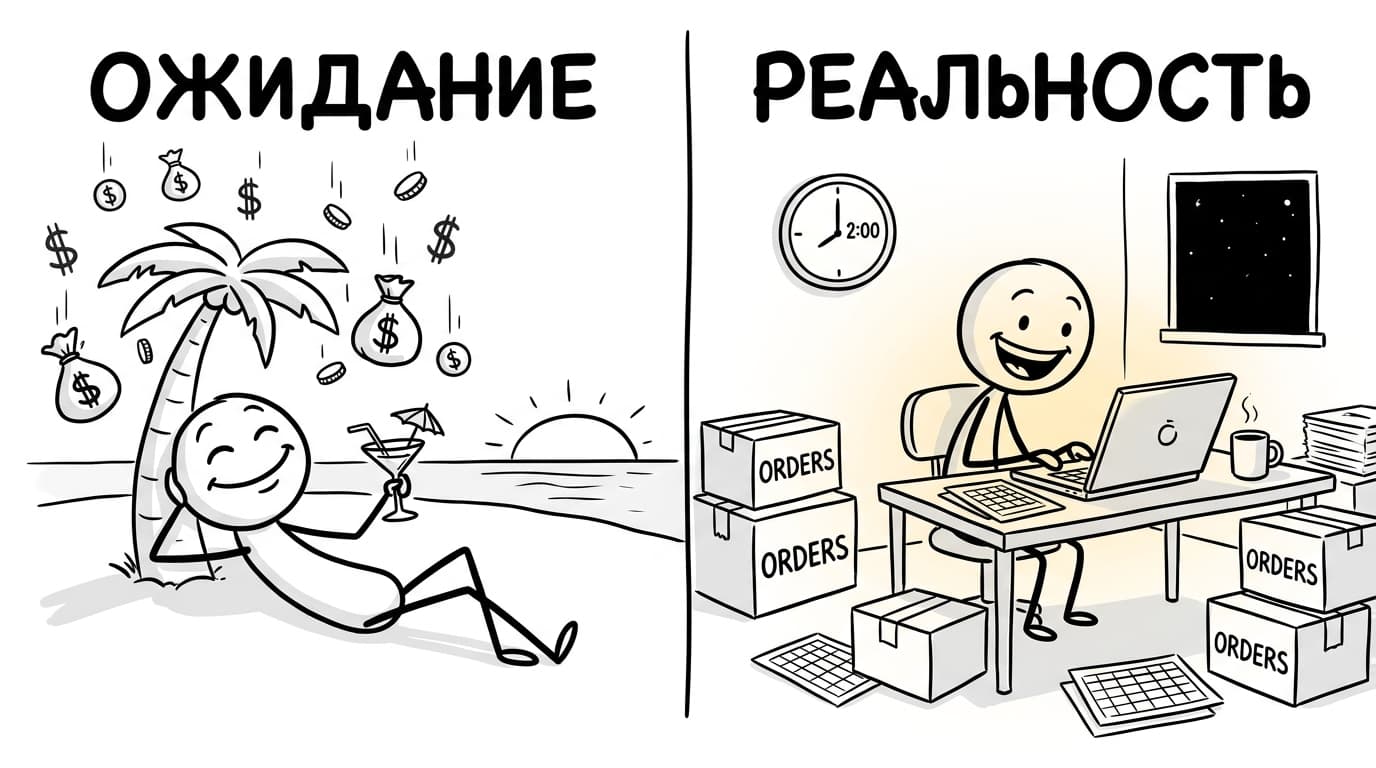 Ожидание vs реальность: пляж с деньгами против ночной работы за ноутбуком среди коробок