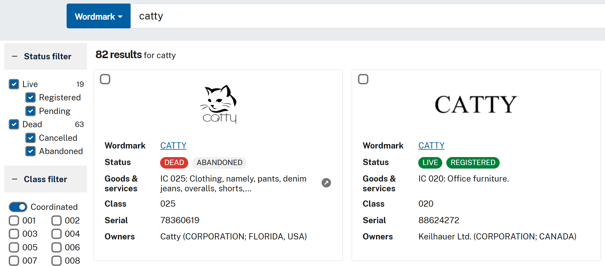 Скриншот: поиск бренда Catty в USPTO