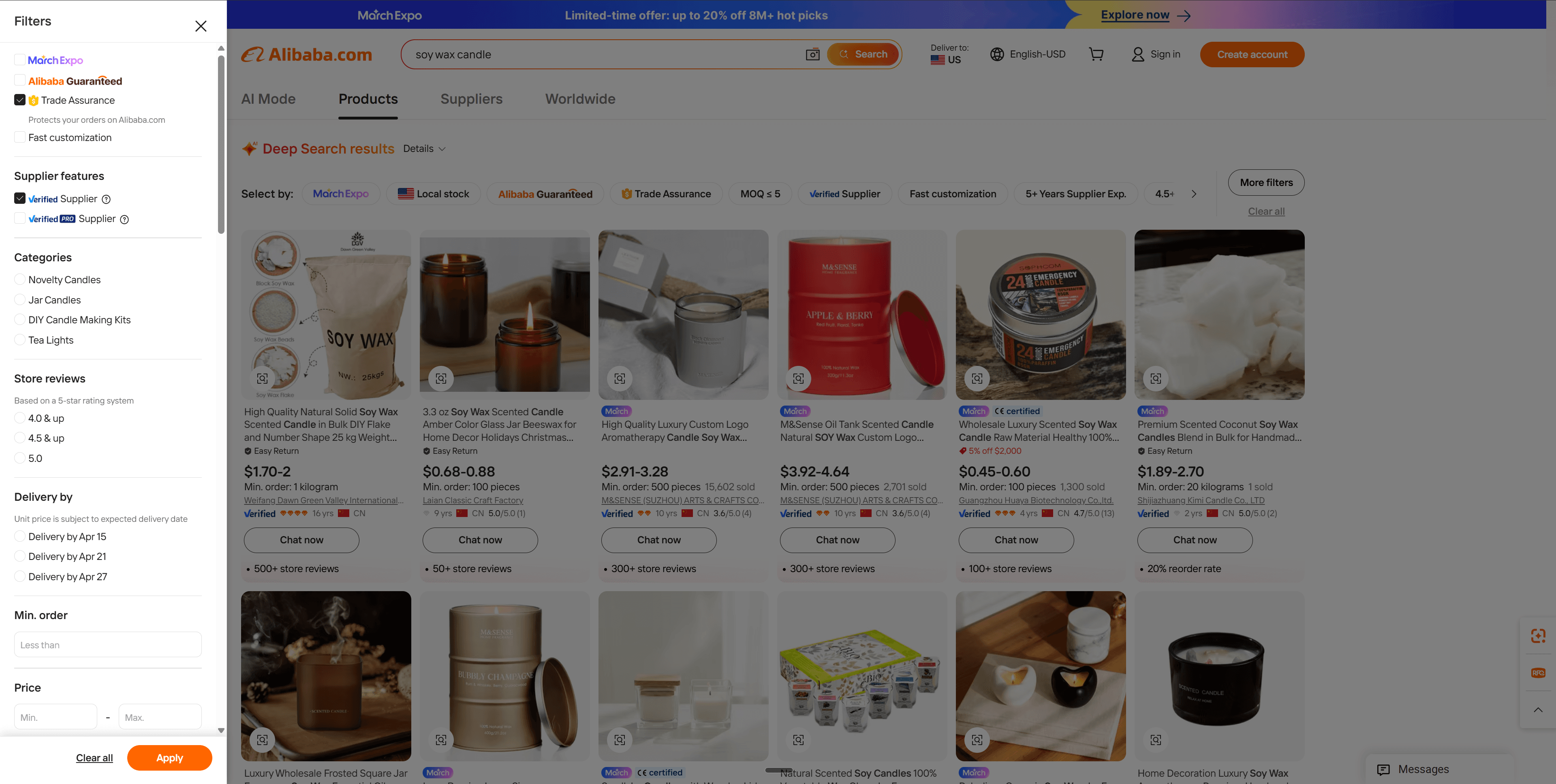Скриншот: поиск на Alibaba с фильтрами