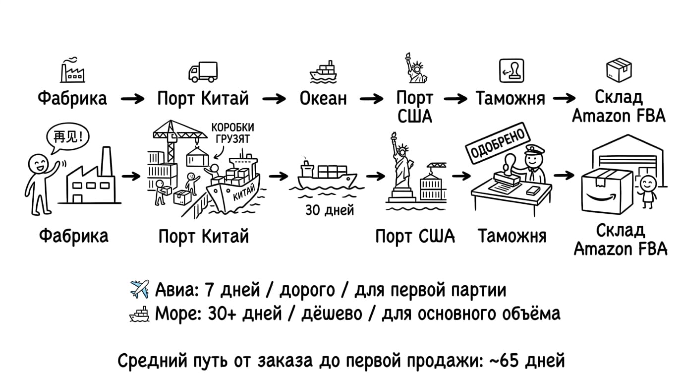 Схема: путь товара от фабрики до склада Amazon FBA
