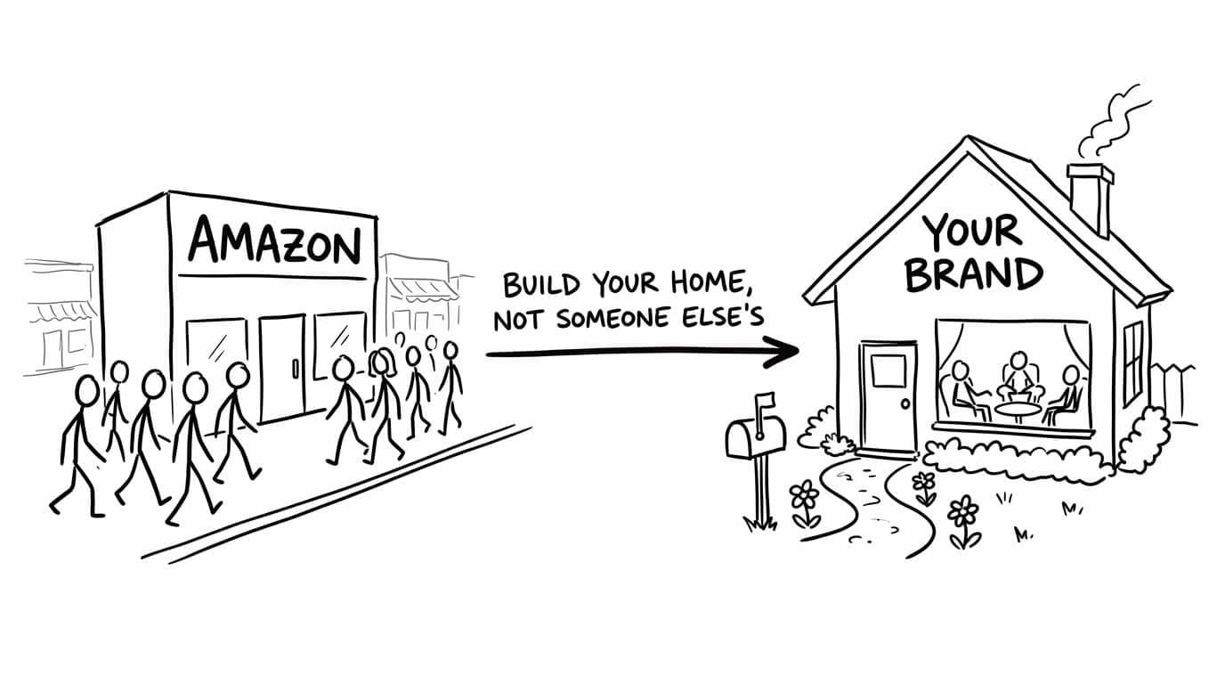 Amazon как витрина слева, стрелка ведет к Your Brand — уютному дому справа. Build your home, not someone else's.