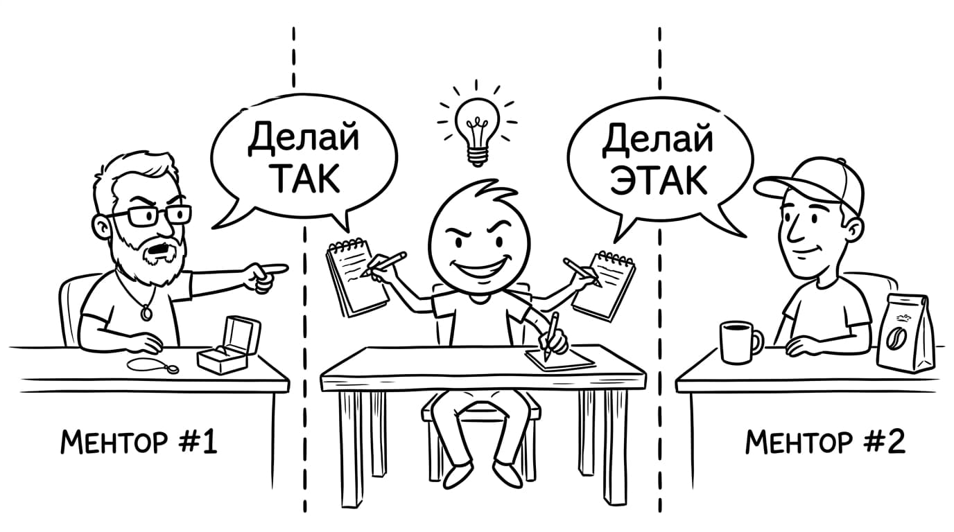 Иллюстрация: два ментора дают разные советы